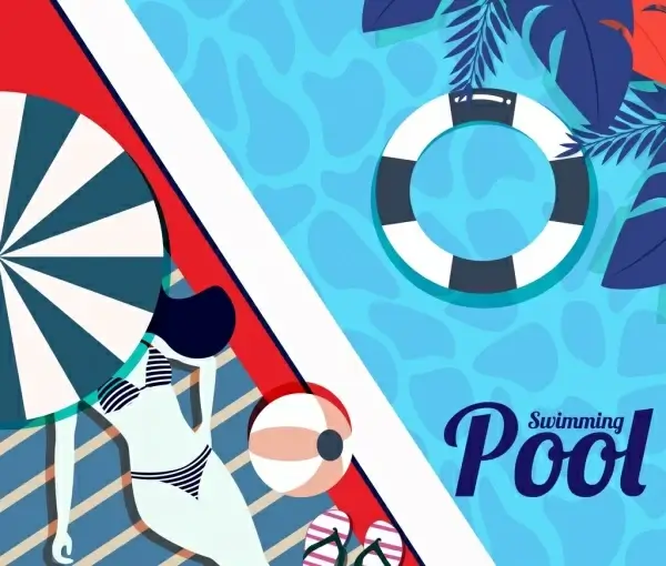 swimming pool background bikini girl umbrella buoy icons
