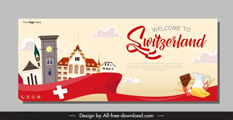 switzerland adveritising banner template flag ribbon architecture building food elements sketch
