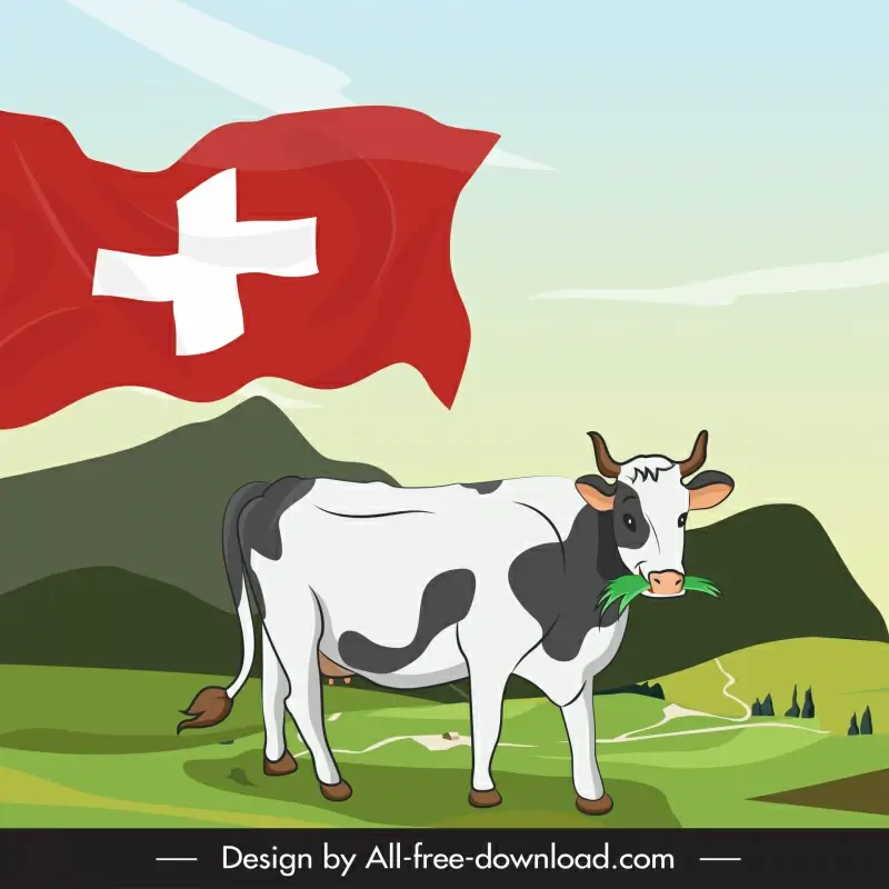  switzerland advertising banner template cartoon design dynamic waving cow sketch
