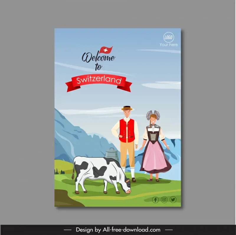 switzerland advertising poster template cartoon design traditional farmers rural scene sketch 