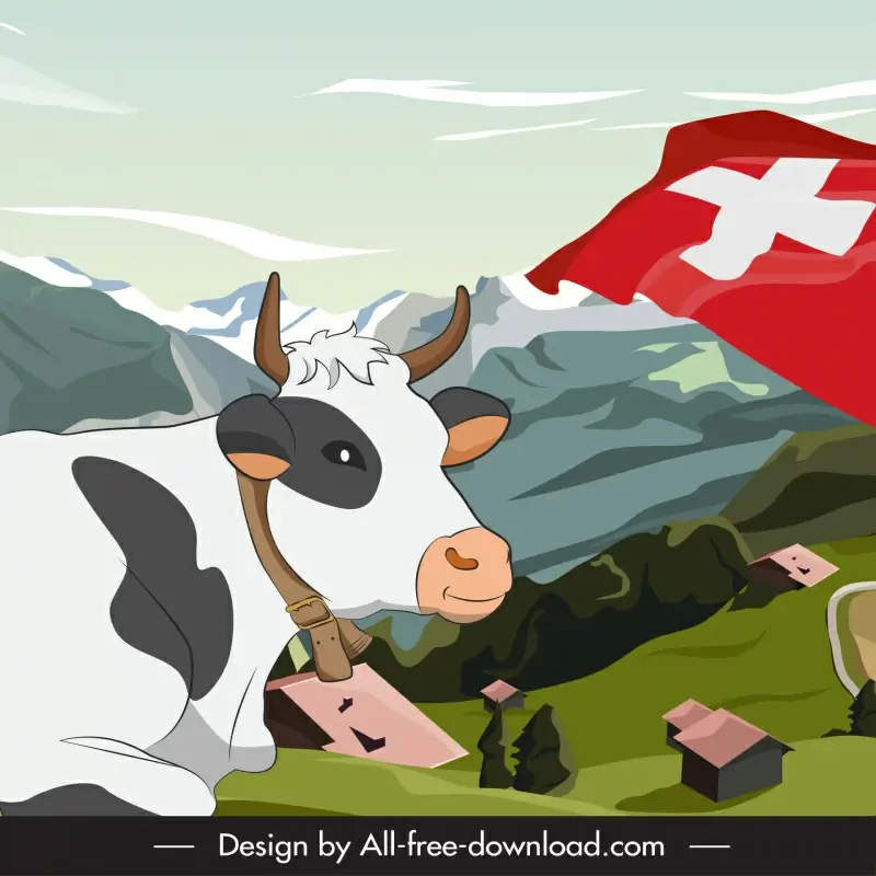  switzerland advertising poster template cute dynamic cartoon cow flag farm scenery sketch