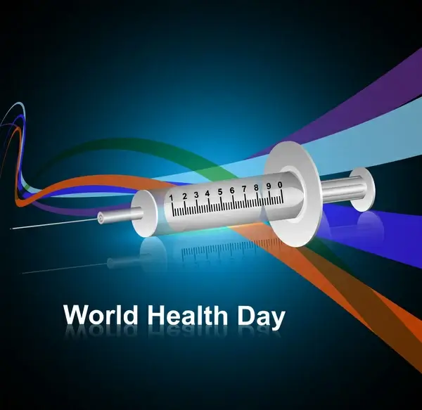 syringe for world health day medical symbol concept colorful wave background
