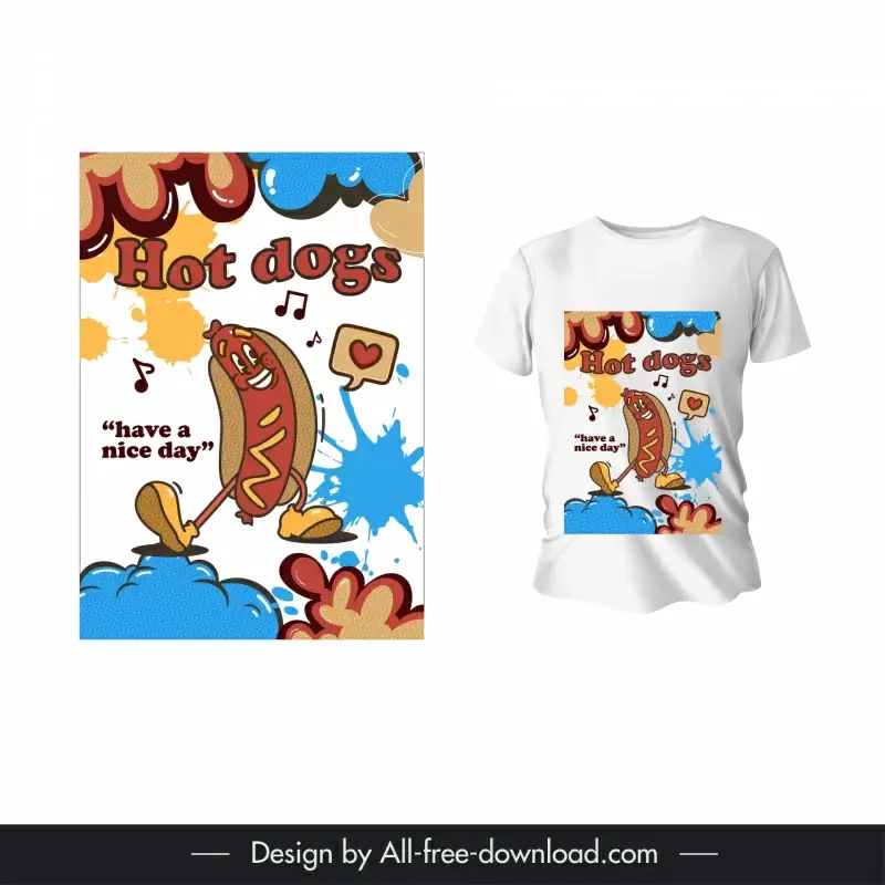 t shirt design template cute dynamic stylized hotdogs