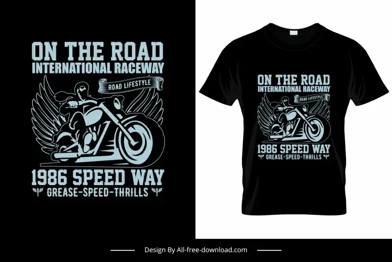 t shirt motorcycle on the road international highway decorative quotation dark biker wings sketch