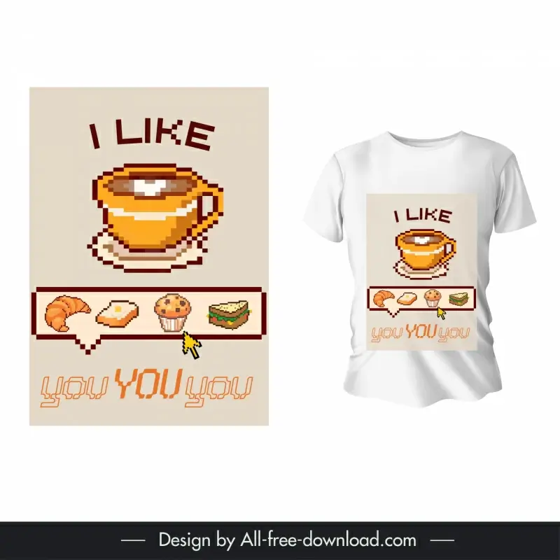 t shirt template breakfast elements pixel art 