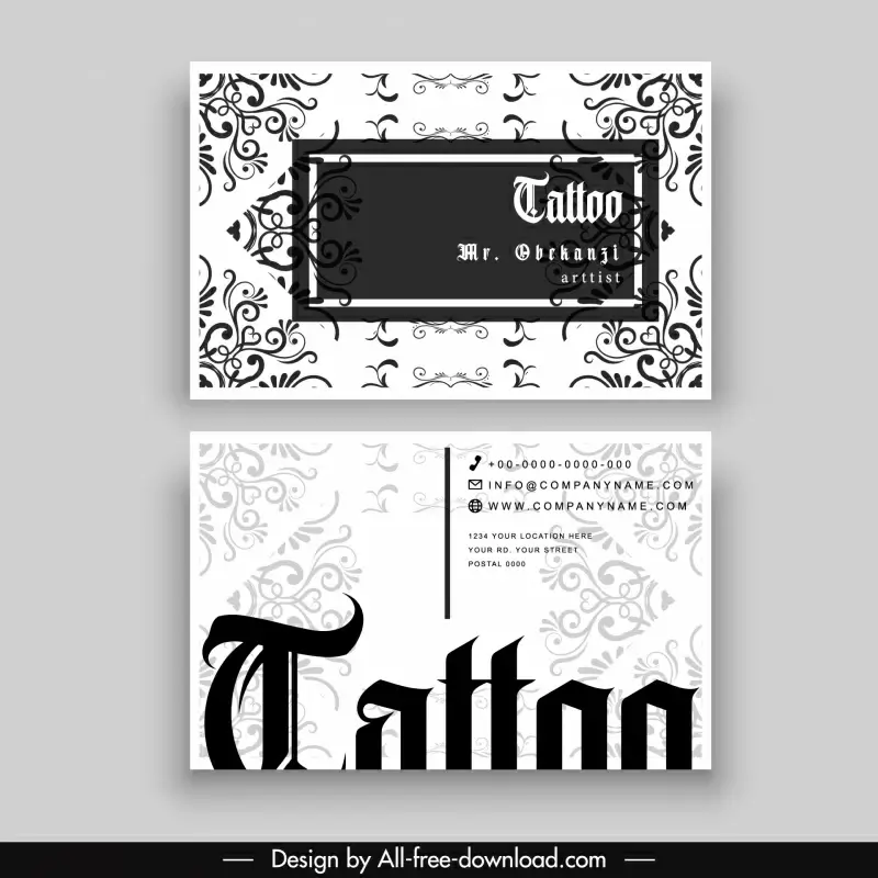 tattoo business card template black white retro curves 