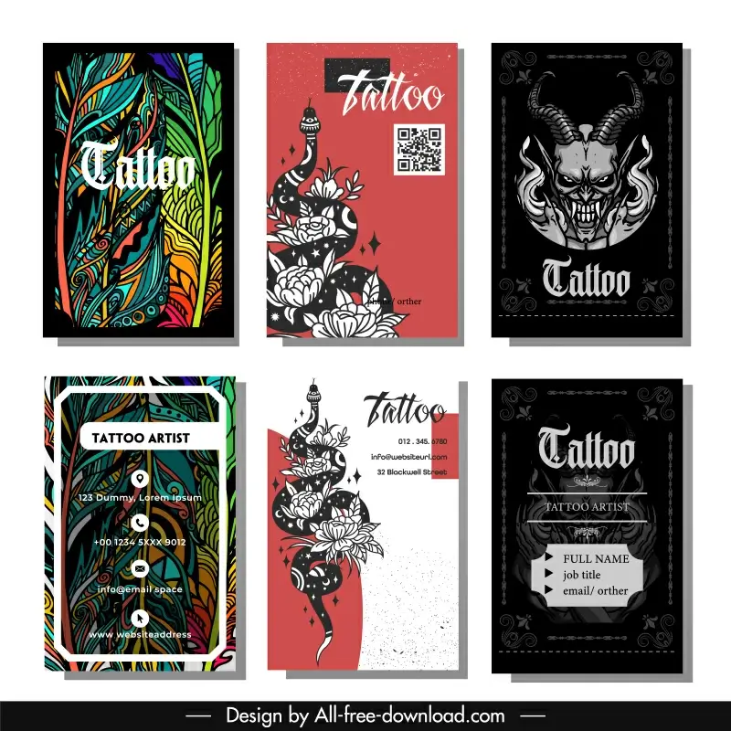 tattoo business card templates collection classical handdrawn symbols