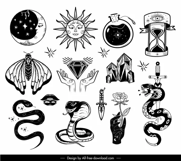 tattoo icons black white handdrawn symbols sketch