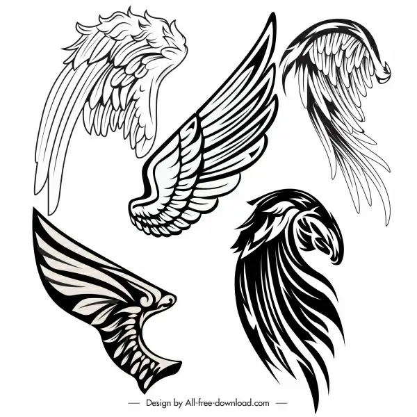 tattoo wings icons black white classic handdrawn