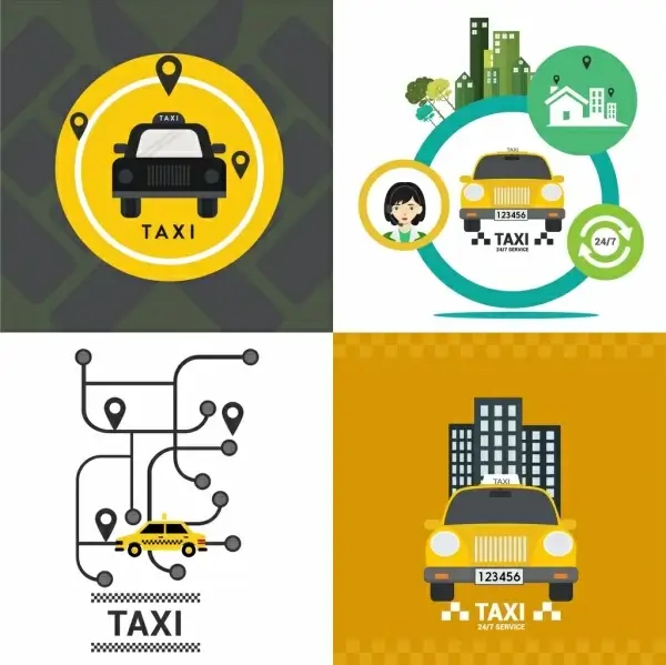 taxi advertisement sets yellow car navigation service icons