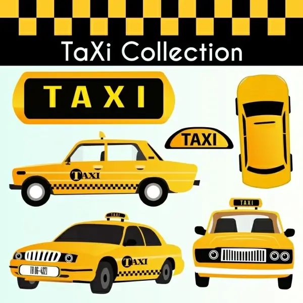 taxi car icons collection yellow decor various views