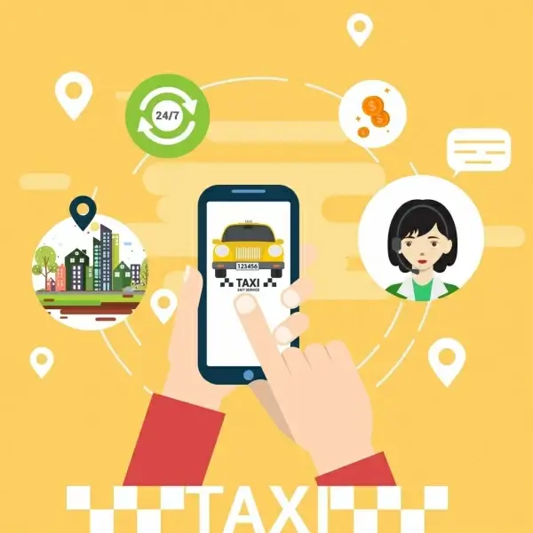 taxi service advertising circle layout hands phone icons