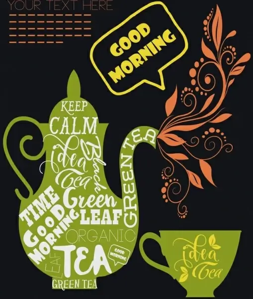 tea advertisement green flat design calligraphic flowers decor