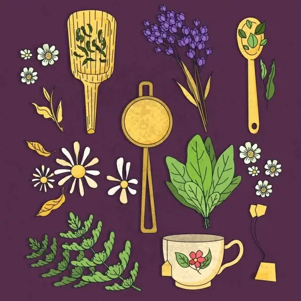 tea art design elements cup flowers leaf icons