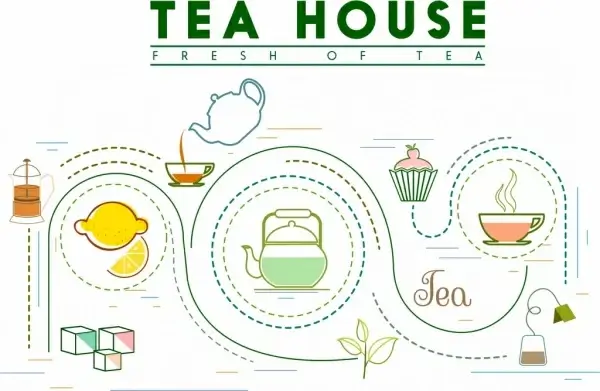 tea processing banner curves decor cup pot icons