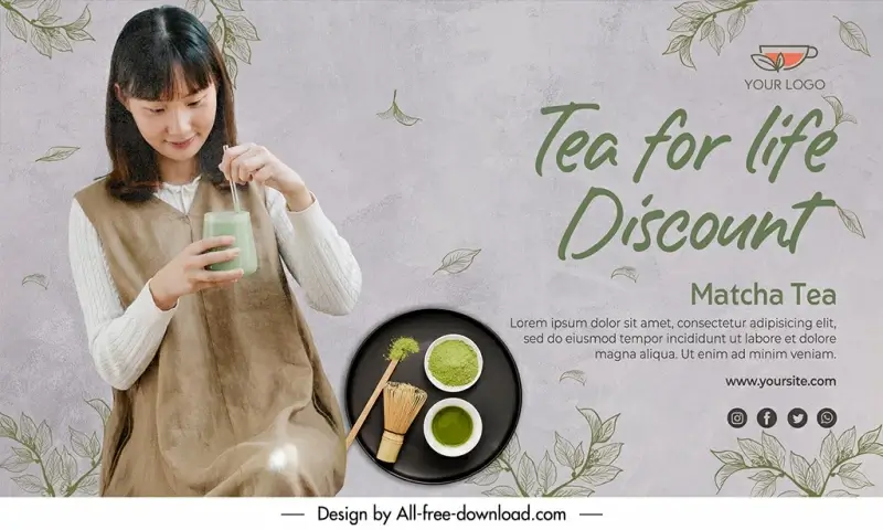 tea shop banner discount template cute girl leaves decor