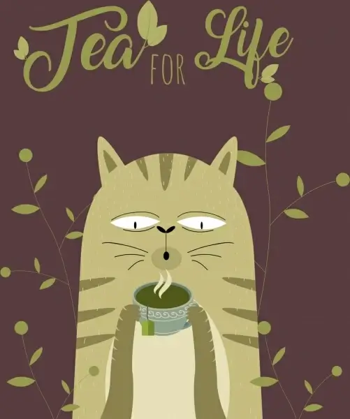 tea time banner cat leaves teacup icons