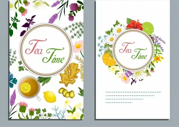 tea time banner flowers fruits icons colorful decor