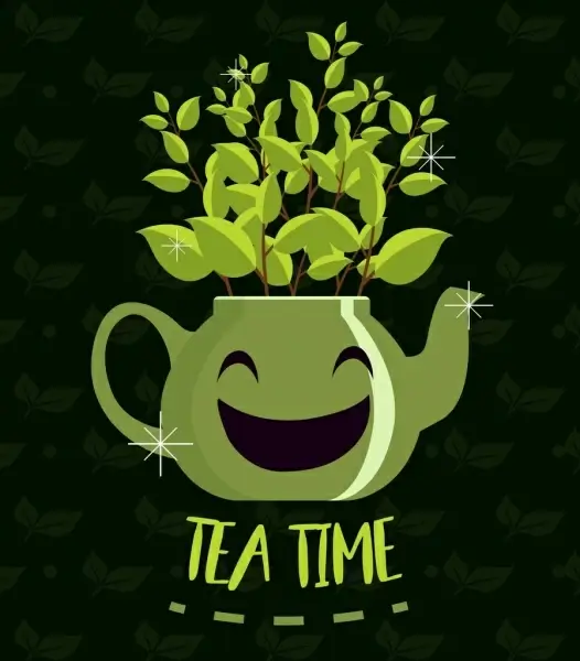 tea time banner stylized green pot leaves icons