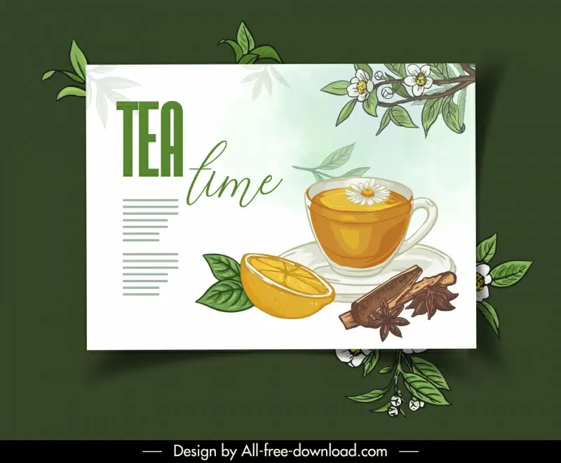 tea time banner template elegant classic tea cup flowers leaf cinnamon star aniseed sketch