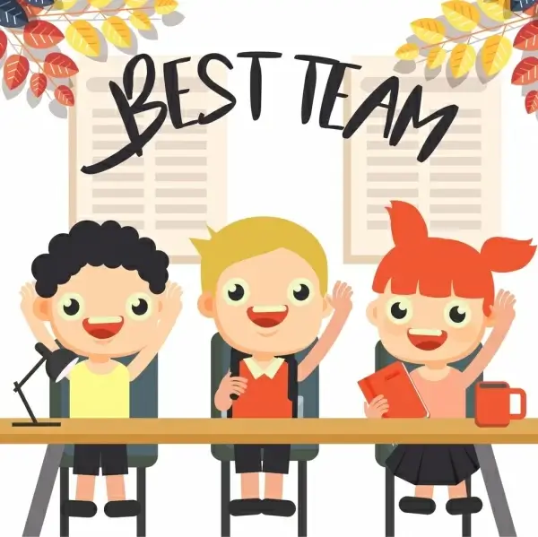 team work background cute pupils icons cartoon characters