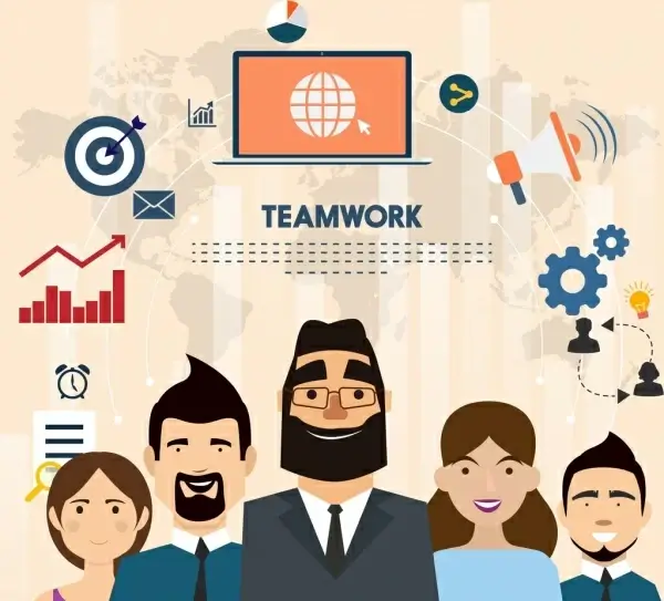 teamwork banner staffs business symbols icons