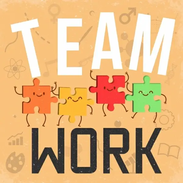 teamwork poster stylized puzzles icons texts decor