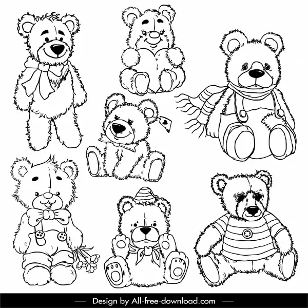 teddy bears icons black white handdrawn sketch