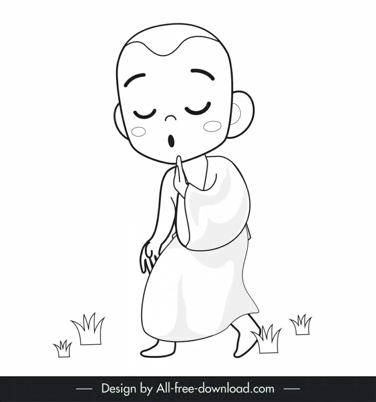 thai buddhist monk icon dynamic walking cartoon character outline 
