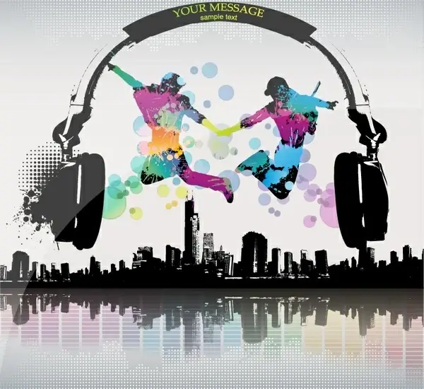 music banner dynamic dancers headphone city silhouettes decor