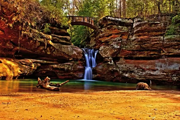 the waterfall and the bridge