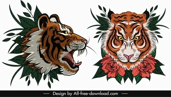 tiger face templates violent sketch flora leaf decor