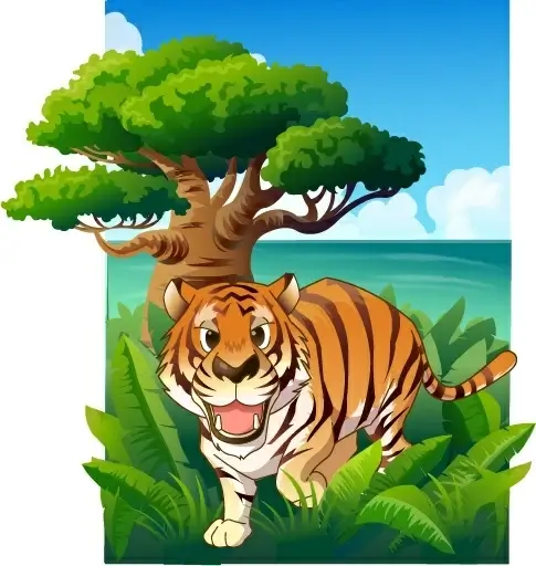 jungle painting tiger trees icons colored cartoon design