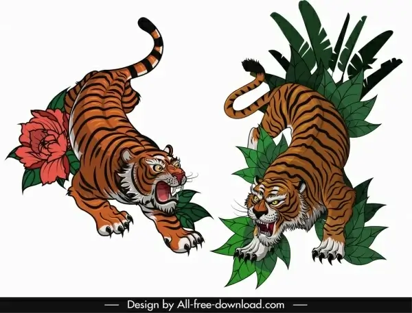 tigers icons violent emotion sketch colored classical design