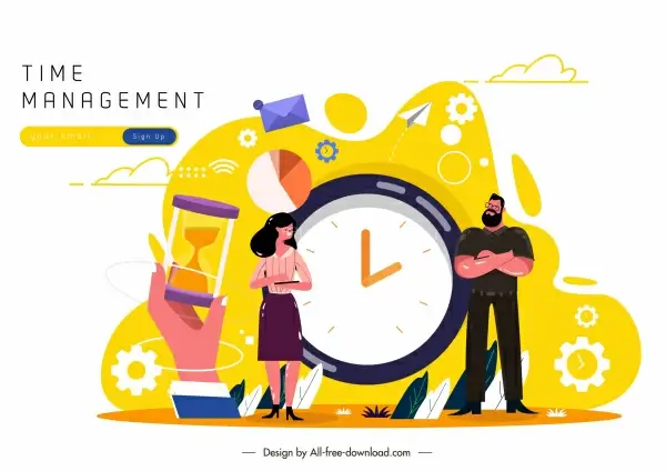 time management banner human clock business elements sketch
