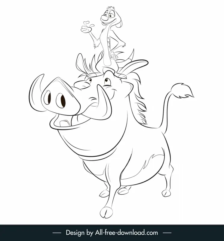 timon and pumbaa in lion king icons black white handdrawn outline