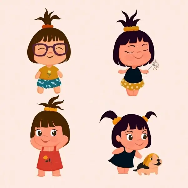 tiny girls icons collection cute colored cartoon design