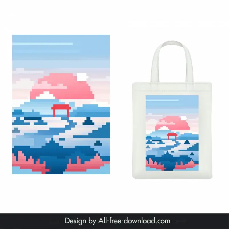 tote bag pixel art design elements flat blurred scenery