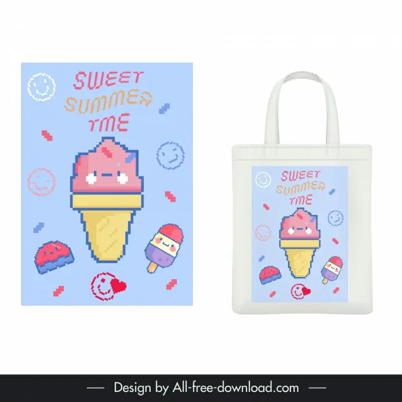 tote bag pixel art design elements flat cute stylized ice cream