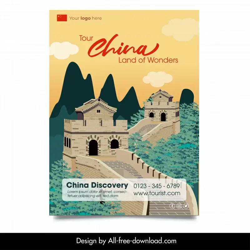 tour china travel flyer template classic great wall scene 