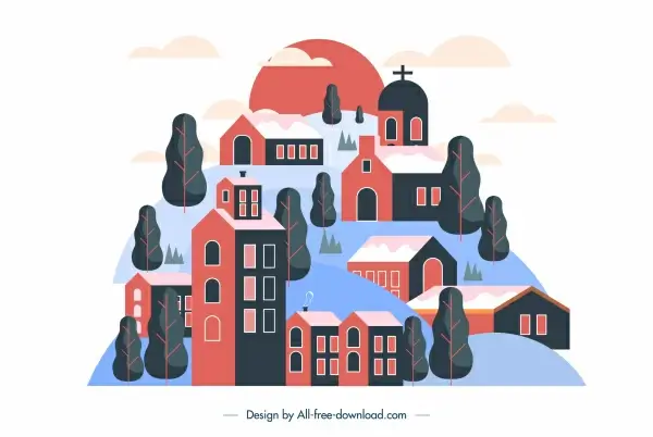 town background houses hill sketch colored classic design