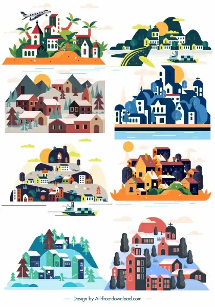 town icons colorful houses classic design