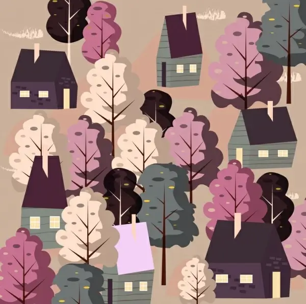 town painting houses trees icons classical design