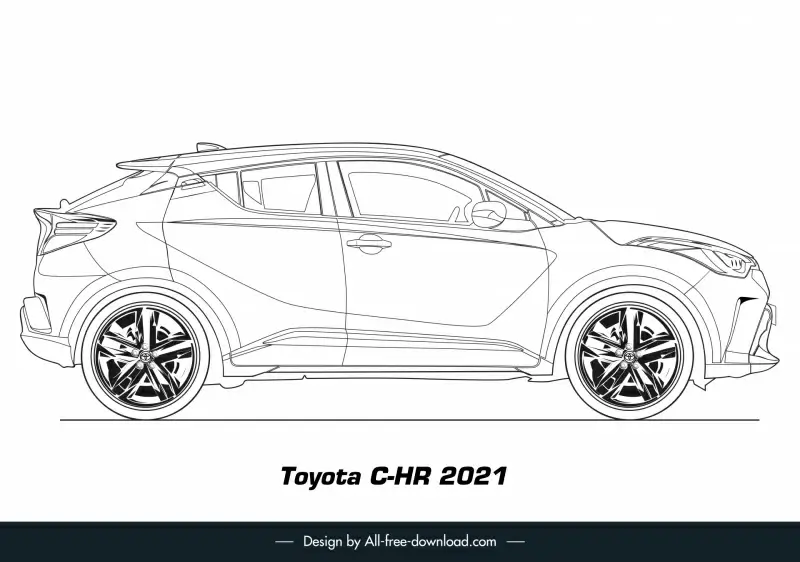 toyota c hr 2021 car model icon black white handdrawn side view sketch