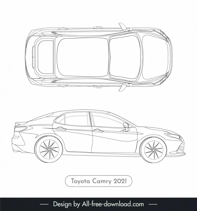 toyota camry 2021 lineart template black white handdrawn flat top view side view outline 