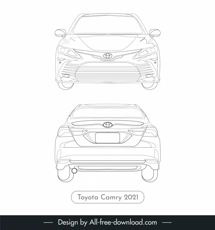 toyota camry 2021 lineart template black white handdrawn front view back view outline 