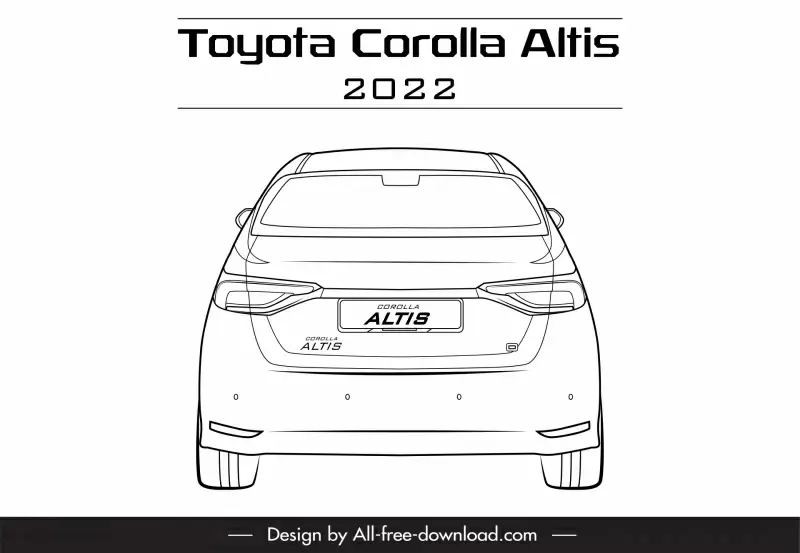 toyota corolla altis 2022 car model advertising template flat black white symmetric handdrawn back view outline