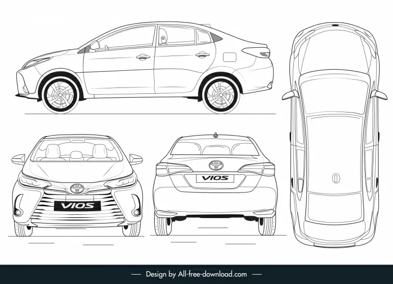 toyota vios model templates different view handdrawn outline 