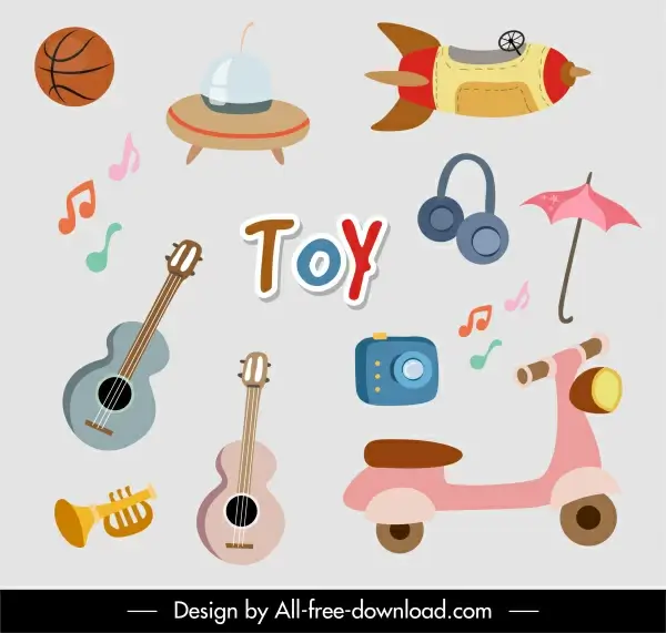 toys icons colorful flat objects sketch