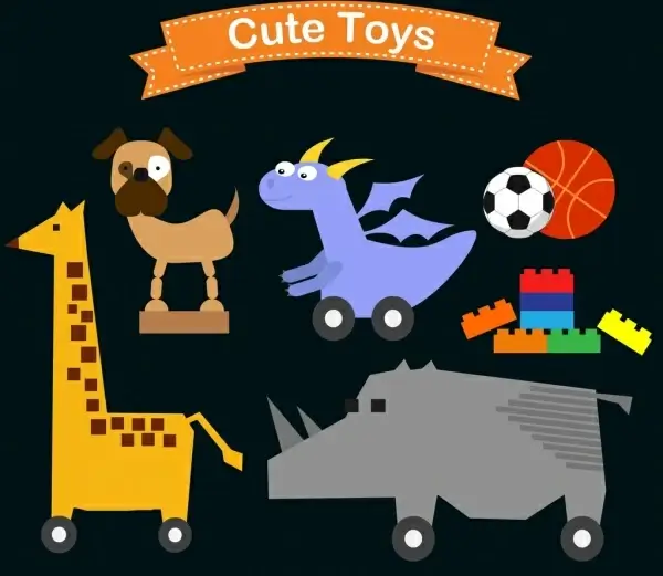 toys icons various flat colored symbols